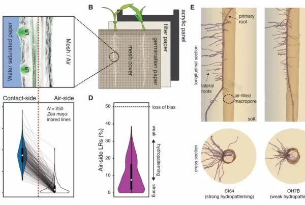 Hydropatterning responses revealed in public sector breeding lines of Zea mays (maize). (A and B) Schematic of the (A) hydropatterning response in (B) our custom-built hydropatterning assay. Primary roots of maize seedlings are grown in a vertical position along moist paper while being prevented from growing off the paper by a mesh cover. Lateral root (LR) primordia are preferentially induced towards the water-saturated paper (contact-side) and suppressed on the air-exposed side (air-side). Longitudinal cross-section of maize root (B73 inbred) stained with Calcofluor White (cell walls; gray) and SYBR Green (LRs; green). (C and D) Distribution of (C) contact-(blue) and air-side (white) LR densities from 250 maize inbred lines characterized using the hydropatterning assay and calculated (D) percent air-side LRs (purple). Each inbred line is represented by its median value (n = 1-3 seedlings/inbred) (data S2). Gray lines connect corresponding inbred lines. Population median (white circles). (E) X-ray Computed Tomography showing LR patterning on primary roots of strong (CI64) and weak (OH7B) hydropatterning inbred lines grown through an air-filled macropore in soil.