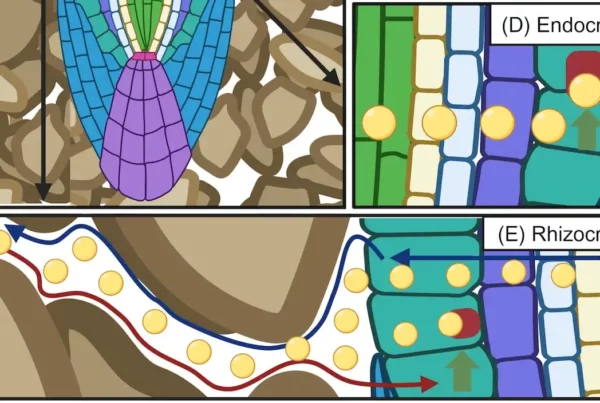 Roots employ several classes of hormones including rhizocrine signals that spend time outside of plant tissues in the rhizosphere. A schematic diagram illustrating (A) a longitudinal cross-section of a root growing in soil, and (D–E) examples of the contrasting modes of action for different hormone classes (denoted as yellow circles) involving (D) endocrine signalling (i.e. acting in other organs after long-distance transport), and (E) rhizocrine signalling, where this class of hormone moves outside its root source via the soil (denoted by the blue arrow), returning to the root in response to a soil stress (denoted by the red arrow), triggering an adaptive response, denoted by the green arrow and receptor binding of the hormone signal.