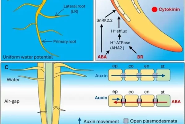 Fig. 1. Hormones mediate root responses to water availability. (A) Under homogeneous water distribution in soil, lateral roots (LRs) develop symmetrically, resulting in a uniform root system. (B) Root tips show hydrotropism and bend towards areas with high water potential. ABA drives asymmetric expansion of cortical cells on the convex side of roots facing low water potential by the action of SnRK2.2. Both ABA and BR promote hydrotropism via the activity of the proton pump AHA2. Cytokinin (in red) exhibits asymmetric distribution at the root tip to regulate hydrotropism. (C) Growing root tips pause branching in air gaps (xerobranching). Lack of moisture triggers ABA release from the stele (st) to the outer root tissues, blocking the radial inward symplastic movement of auxin to pause root branching. ABA-mediated repression is relieved in the presence of water. ep, epidermis; co, cortex; en, endodermis.