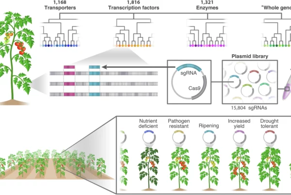 Schematic overview illustrating the library workflow, from design to screening. All coding genes were divided into phylogenetic trees, and trees were classified by function. sgRNAs were designed to target multiple genes located in close proximity to one another phylogenetically (indicated by colors). Each sgRNA was cloned into the Cas9 vector, creating a plasmid library. Transformed lines were screened with multi-targeted, large-scale, forward genetics for specific traits of interest, revealing hidden phenotypes. *Whole genome indicates all coding genes excluding transporters, transcription factors, and enzymes.